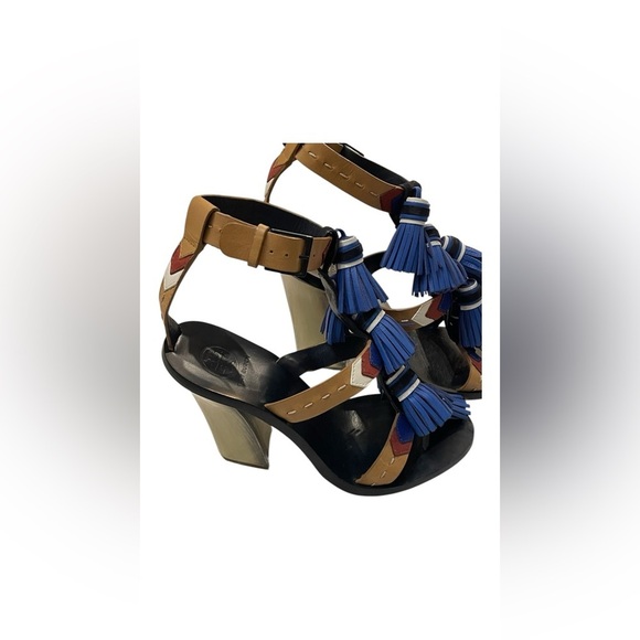 SOLD Tory Burch Weaver High Heel Sandals Multicolor Size 7M Leather Tassels - Picture 6 of 13